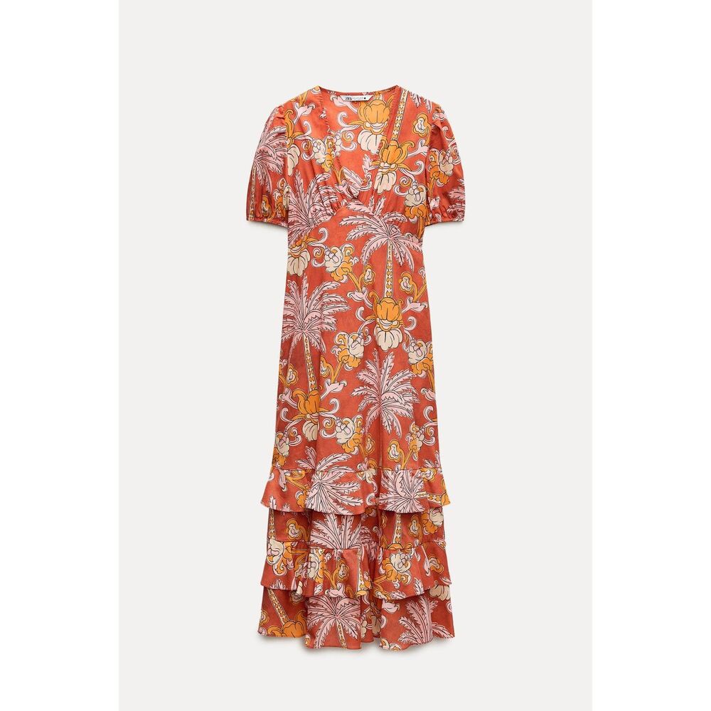 Zara Balloon Sleeve Ruffle Maxi Dress Red Orange Pink Size S NWT